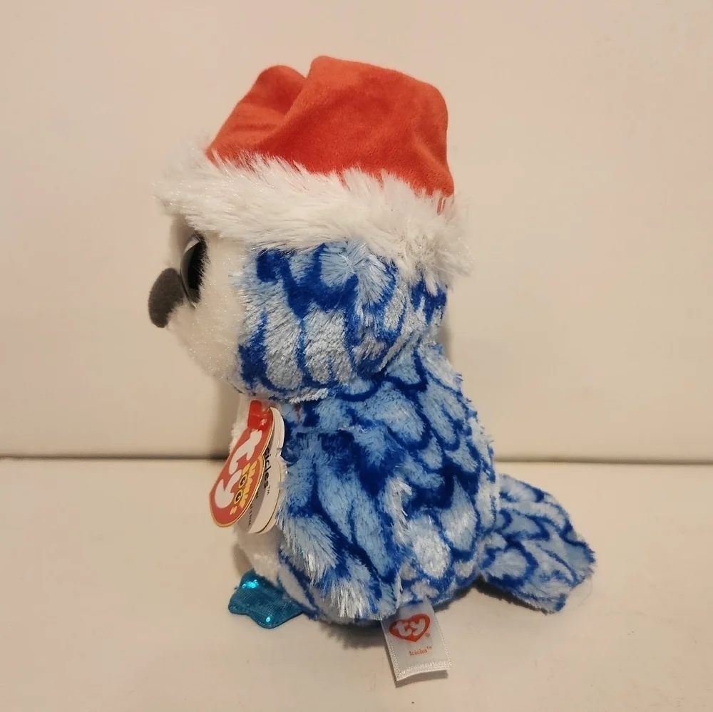 7” Ty Icicles Blue Snow Owl wearing Santa Hat Christmas Themed Plush